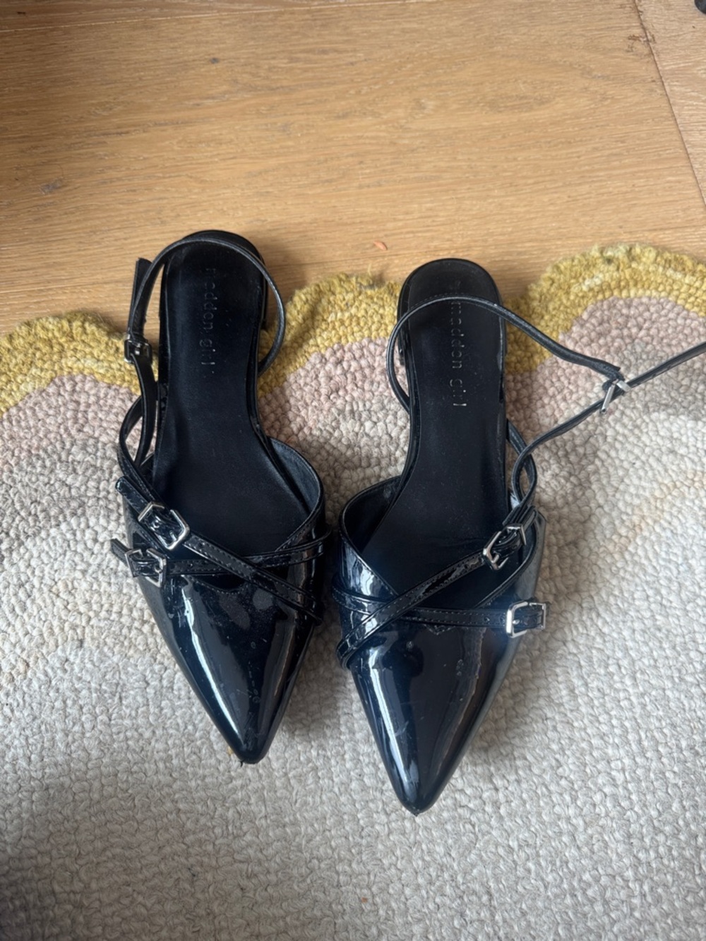 Madden Girl Black Patent Pointed Slingback Mules with Buckle Straps